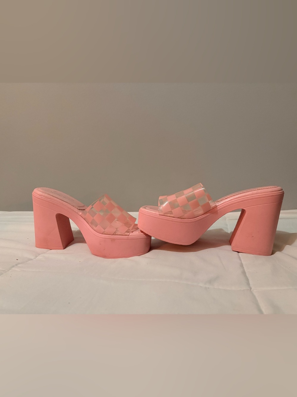 Call It Spring Pink Platform Slide Sandals with Checkered Clear Strap
